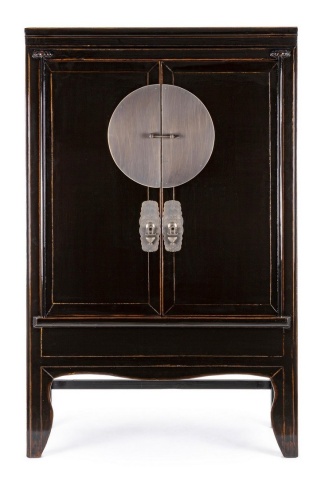 Dulap dining Jinan, cu rafturi, din lemn de ulm reciclat, finisaj lăcuit lucios, negru, 108x48x174 cm - Img 3