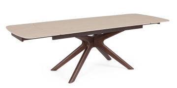 Masă dining Maritta, extensibilă, 6-10 persoane, blat din gresie porțelanată cu efect de marmură, picioare finisaj nuc, 170-250x90x76 cm