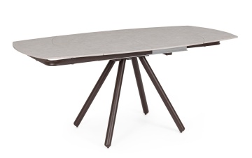 Masa dining Raita, 4-6 persoane, extensibilă, cu blat din gresie porțelanată efect marmură gri deschis și bază din oțel vopsit epoxidic ruginiu, 119-178x89.4 cm