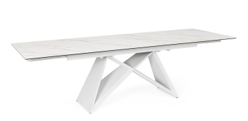 Masă extensibilă pentru 8-10 persoane, cu blat din ceramică și sticlă securizată, picioare din oțel, 180-260x90x76 cm