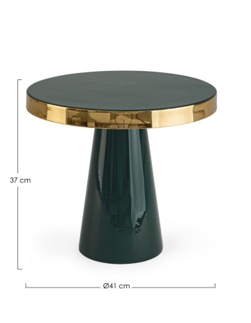 Măsuță de cafea Nandika, rotundă, din oțel emailat verde închis, margine placată cu alamă, diametru 41 cm, înălțime 37 cm - Img 2
