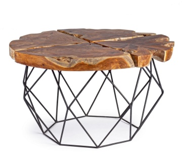 Măsuță de cafea rotundă, cu blat din rădăcini de tec cu finisaj natural și picioare din oțel, 80 x 40 cm