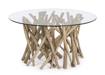 Măsuță de cafea Samira, rotundă, diametru 80 cm, din crengi de tec cu blat din sticlă securizată, finisaj natural, 80x40 cm