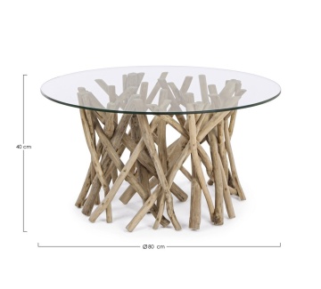 Măsuță de cafea Samira, rotundă, diametru 80 cm, din crengi de tec cu blat din sticlă securizată, finisaj natural, 80x40 cm - Img 2