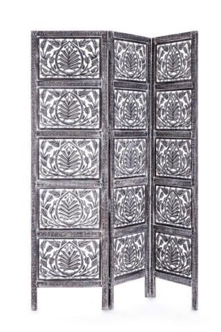 Paravan cu 3 panouri Darika, sculptat manual, din lemn de mango și MDF, finisaj antichizat gri, 150x2,5x180 cm