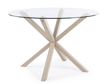 Picioare metalice cu finisaj aspect lemn masă fixă May, rotundă, pentru 4 persoane, blat din sticlă securizată, Ø114 cm