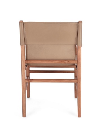 Scaun cu brațe Caroline, din lemn de tec și piele naturală, Taupe, 57x58x85 cm - Img 5