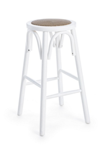 Scaun de bar rotund, din lemn de ulm cu șezut din ratan natural, alb, diametru 40 cm, înălțime 73 cm