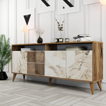 Servanta din pal melaminat Milano nuc si marmură alba 180x78,6x35 cm - Img 2
