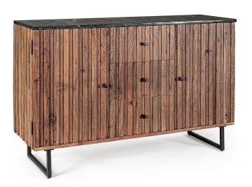 Servanta Norfolk stil vintage, cu 2 uși și 3 sertare, din lemn de acacia, cu blat de marmură și picioare din oțel, 120 x 38 x 85 cm