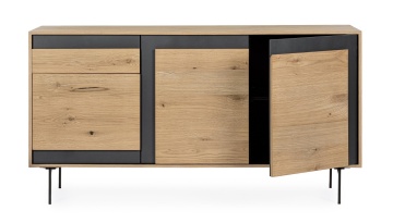 Servanta Stanwood cu 3 uși și 1 sertar, furnir de stejar și oțel, finisaj natural, 160x40x85 cm - Img 9