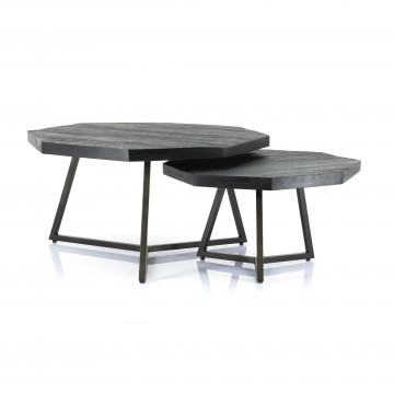 Set 2 masute de cafea octagonale din lemn de mango 60x60x35 cm negre