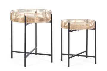 Set 2 Măsuțe de cafea Rendy, rotunde, din poliratan natural și metal negru