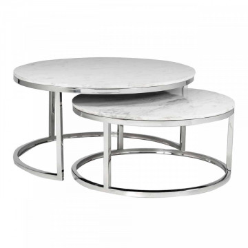 Set 2 masute de cafea rotunde din marmura si otel Levanto 36x76x76 cm albe - Img 1