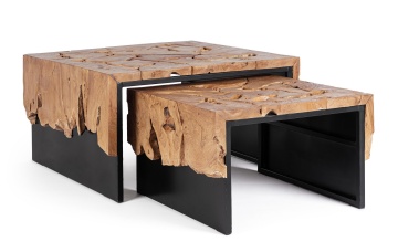 Set 2 măsuțe de cafea rotunde Grenada, top din rădăcină de tec și bază din oțel, diametre 60/80 cm, înălțimi 38/45 cm - Img 7