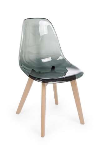 Set de 4 Scaune moderne din plastic și lemn de fag, transparent fumuriu, 52 x 47 x 82 cm