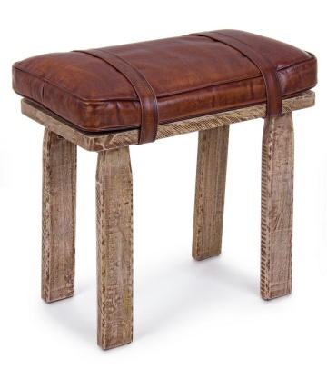 Taburet dreptunghiular Charleston, din lemn de mango și piele naturală de bivol, 54x30x53 cm