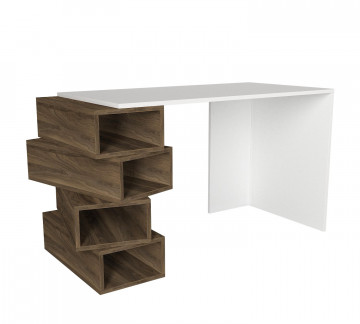 Birou cu rafturi din pal melaminat Jenga nuc si alb 130 cm - Img 4