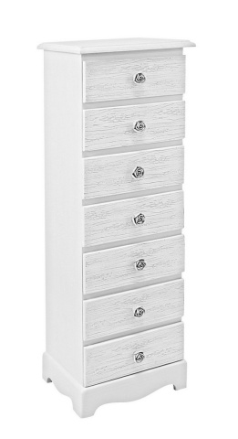 Comodă cu 7 sertare, finisaj alb mat cu efect albit, 29x23x89 cm