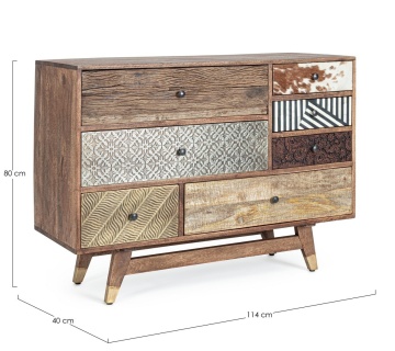 Comodă Dhaval cu 7 sertare, din lemn de mango și acacia reciclat, stil Vintage, 110x40x80 cm - Img 2