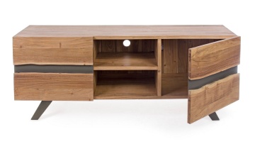 Comodă TV Aron, 160 cm, 2 uși cu inserții metalice, lemn de acacia și oțel, 160x44x65 cm - Img 7