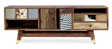 Comodă TV Dhaval, 140 cm, din lemn de mango și acacia reciclat, cu aplicații din metal și piele, 140x40x48 cm - Img 10