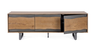 Comodă TV Garwood, cu 3 uși, din MDF furniruit cu stejar și oțel, 160x42x55 cm - Img 8