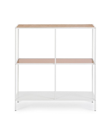 Consolă Haldor, din oțel și MDF furniruit, cu poliță din sticlă, alb și natural, 82x33x85 cm - Img 2