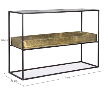 Consolă Mavila cu depozitare, cadru metalic, blat din sticlă și finisaj antichizat, 117x40x85 cm - Img 2