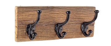 Cuier de perete cu 3 cârlige, din lemn reciclat, finisaj natural, 33x14x13 cm