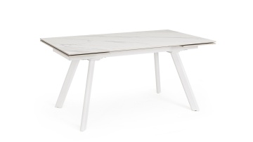 Masă dining extensibilă Jarkko, 8-10 persoane, blat din gresie porțelanată efect marmură și bază din oțel, alb mat, 160-240x90 cm - Img 2