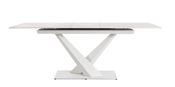 Masă dining extensibilă Johannes pentru 6-8 persoane, cu blat din gresie porțelanată cu efect de marmură și bază din oțel, albă, 160-200x90x75 cm - Img 3
