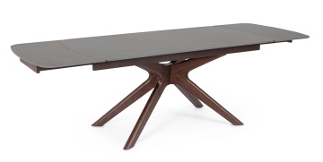 Masă dining Maritta, extensibilă, 6-10 persoane, blat din gresie porțelanată cu efect de marmură, picioare finisaj nuc, 170-250x90x76 cm