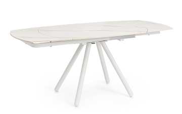 Masa dining Raita, 4-6 persoane, extensibilă, cu blat din gresie porțelanată efect marmură alb și bază din oțel vopsit epoxidic alb, 119-178x89.4 cm