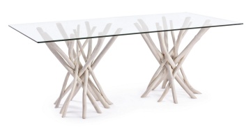 Masă dining Sahel, 200x100 cm, cu bază din crengi de tec și blat din sticlă securizată, finisaj alb spălăcit