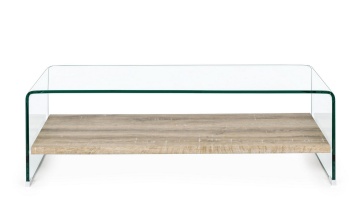 Măsuță de cafea dreptunghiulară Kenya, cu 2 polițe, blat din sticlă transparentă și raft MDF, 110x55x35 cm - Img 3
