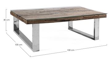 Măsuță de cafea Stanton, blat din lemn reciclat și sticlă, picioare din oțel, 100x100x40 cm - Img 2