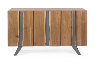 Servanta Aron cu 3 uși, lemn de salcâm cu inserții metalice și picioare din oțel, 145x45x90 cm - Img 3