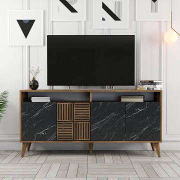 Servanta din pal melaminat Milano nuc si marmură neagră 160x78x35 cm - Img 6