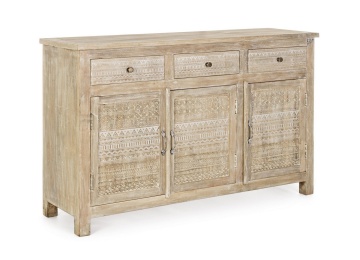 Servanta Mayra, cu 3 uși și 3 sertare, din lemn de mango sculptat manual, finisaj nitrocelulozic, 135x40x85 cm