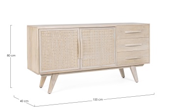 Servanta Sahana, cu 2 uși și 3 sertare, din lemn de mango și ratan, finisaj alb spălăcit, 155x40x80 cm - Img 2