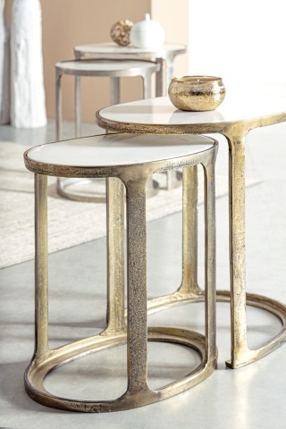 Set 2 Măsuțe de cafea ovale Janira, cu blat de marmură și cadru din aluminiu cu finisaj antichizat, 47x32x51 cm și 55x39x56 cm - Img 5