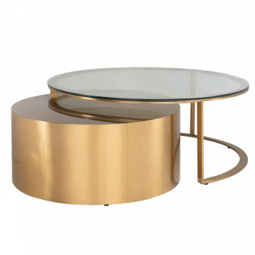Set 2 masute de cafea rotunde din sticla si metal Orlan 46x105x105 cm aurii