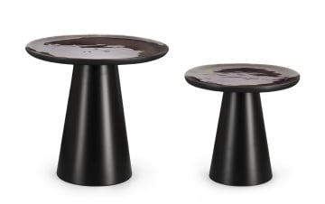 Set 2 măsuțe de cafea rotunde Zainab, din lemn de mango și oțel, cu blat emailat, diametre 43 cm și 56 cm