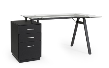 Birou Charlie cu corp de sertare, cadru metalic și blat din sticlă, negru, 150.5x80x75 cm