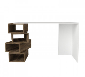 Birou cu rafturi din pal melaminat Jenga nuc si alb 130 cm