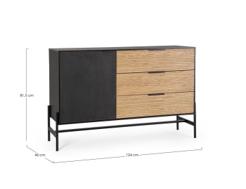 Comoda Allycia, 1 ușă, 3 sertare, lemn de frasin, negru și natur, 124 x 40 x 81.5 cm - Img 2