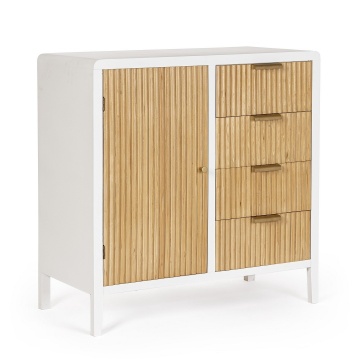 Comodă Charley, cu 1 ușă și 4 sertare, din MDF și lemn, finisaj pe bază de apă, alb și natural, 80x40x82 cm - Img 1