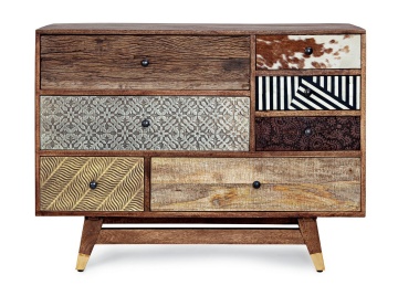Comodă Dhaval cu 7 sertare, din lemn de mango și acacia reciclat, stil Vintage, 110x40x80 cm - Img 3
