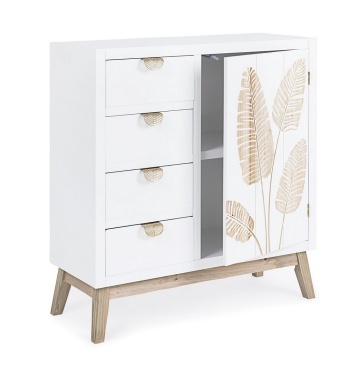 Comoda Folium cu 1 ușă și 4 sertare, din lemn de brad cu decor încrustat manual, 75x30x80 cm - Img 4